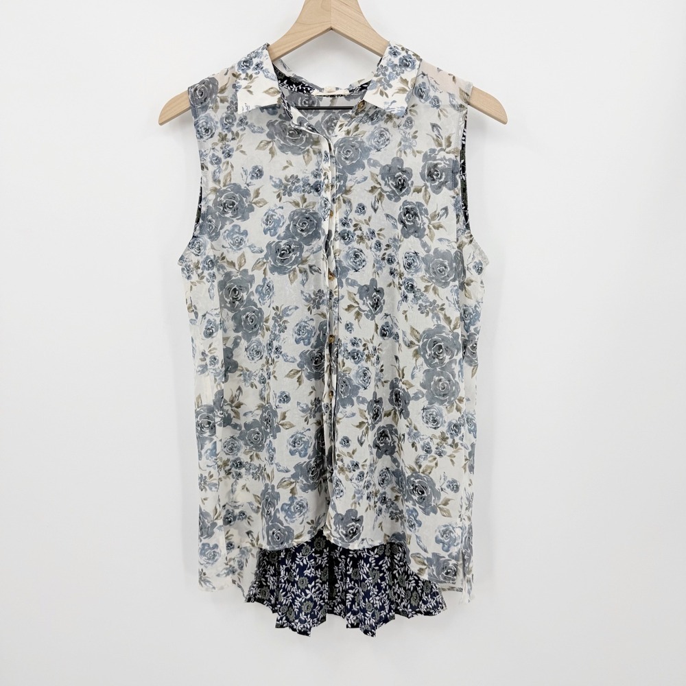 Mystree Mixed Floral Pleated Back Sleeveless Sheer Top Blue Navy M Boho Feminine